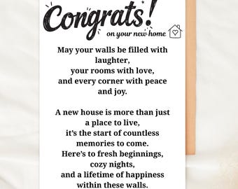Tarjeta de felicitación de inauguración de casa, imprimible, de 5 x 7, con descarga digital, un regalo acogedor para nuevos propietarios.