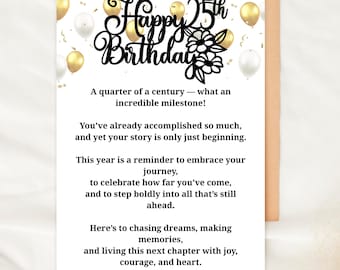 25th Birthday Card Printable 25th Birthday Gift for Her or Him Quarter Century Birthday Digital Card Milestone Birthday Greeting