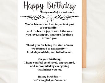 Happy Birthday Son in Law Card Printable Sentimental Greeting Digital Download Birthday Card For Son In Law Thoughtful Gift for Son in Law