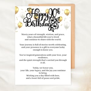 90th Birthday Card Printable Foldable Poem Card for Her or Him Digital Milestone Card Gold White Balloons Instant Download Celebration