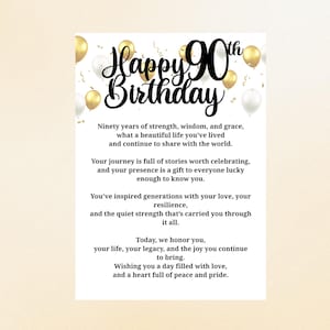 以下が含まれることがあります： 「Happy 90th Birthday」と書かれた白いカード。金と白の風船が周りに飾られています。このカードには、強さ、知恵、喜びの人生を祝う心からのメッセージが書かれています。