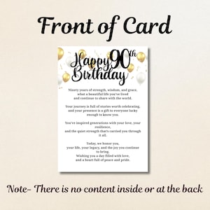 以下が含まれることがあります： 黒い筆記体で「Happy 90th Birthday」と書かれた白い誕生日カード。カードには、強さ、知恵、そして充実した人生についてのメッセージが書かれており、金と白の風船が飾られています。