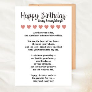 Cartão de aniversário para esposa, cartão de aniversário romântico para impressão para ela, cartão digital dobrável 5x7 para esposa, cartão de amor do marido, cartão de aniversário da esposa