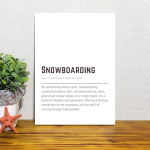 Définition du snowboard, art mural imprimable, cadeaux de snowboard pour lui ou pour elle, décoration de snowboardeur, téléchargement numérique, affiche de sports extrêmes, 18 x 24