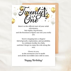 Puede incluir: Una tarjeta de cumpleaños con las palabras "Twenty One" en una elegante escritura, adornada con globos dorados y blancos. La tarjeta incluye un mensaje sincero sobre nuevas aventuras y posibilidades, con "Happy Birthday!" en la parte inferior.