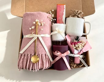 Paquete de cuidado para ella, caja de regalo Hygge con manta, caja de regalo para mujeres, cesta de autocuidado, set de regalo para mamá