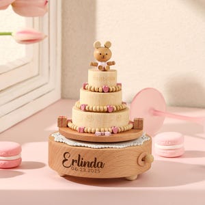 Cumpleaños Pastel Oso Caja de música de madera personalizada, Caja de música de madera grabada, Carrusel musical, Caja de música vintage, Regalo de aniversario