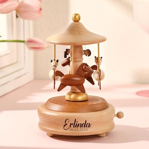 Star Top Carrusel Caja de música de madera personalizada, Caja de música de madera grabada, Carrusel musical, Caja de música vintage, Regalo de aniversario