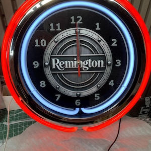 Remington firearms,  Neon Wall Clock 16” with Double Neon, Oil, Garage, Decor, Man Cave, Games Room Bar, Diner, Patio, Classic, Gift