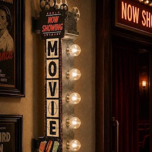 May include: A vertical metal wall sign featuring the text NOW SHOWING at the top and MOVIE spelled vertically in black letters on white squares. The sign includes five glowing round light bulbs, a film reel topper, and graphics of snacks.
