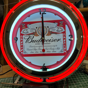 Budweiser Beer, vintage style, Garage , 16&quot; Double Neon clock, games room, bar, dinner, patio, gift,  real glass neon