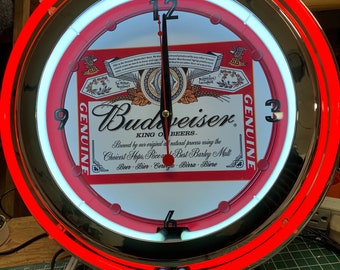 Cerveza Budweiser, estilo vintage, garaje, reloj de neón doble de 16&quot;, sala de juegos, bar, cena, patio, regalo, neón de vidrio real