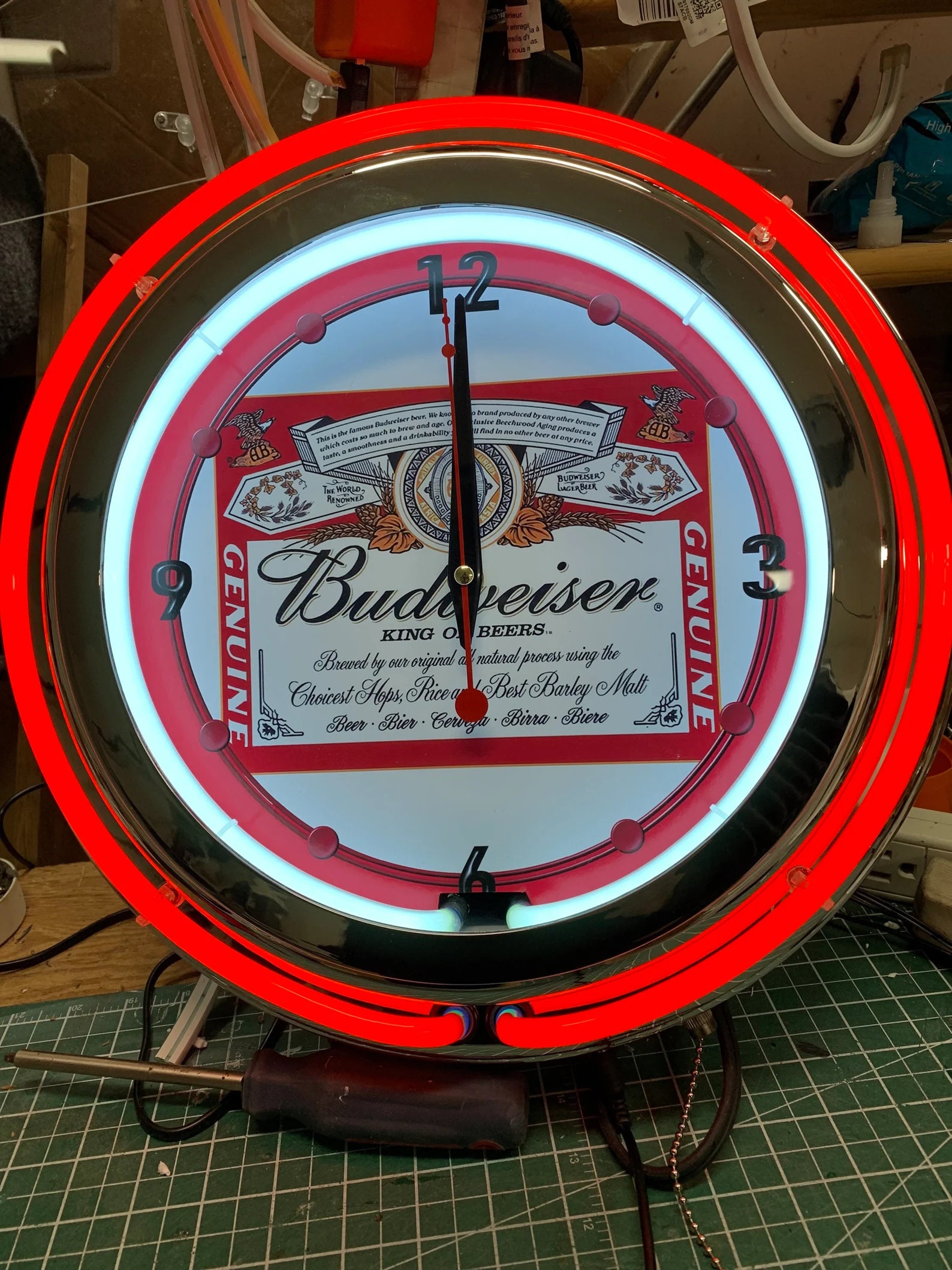 Budweiser Beer, vintage style, Garage , 16" Double Neon clock, games room, bar, dinner, patio, gift,  real glass neon