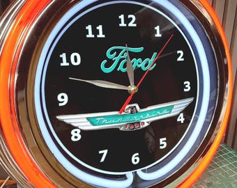 Ford Thunderbird, vintage style, Garage , 16&quot; Double Neon clock, games room, bar, dinner, patio, gift,  real glass neon