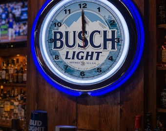 Busch Light beer, Neon Wall Clock 16” with Double Neon, Oil, Garage, Decor, Man Cave, Games Room Bar, Diner, Patio, Classic, Gift