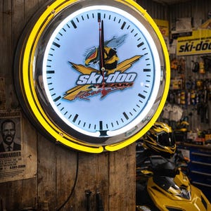 Ski-doo, snowmobile, Garage , 16" Double Neon wall clock, games room, bar, dinner, patio, gift, real glass neon wall clocks image 1