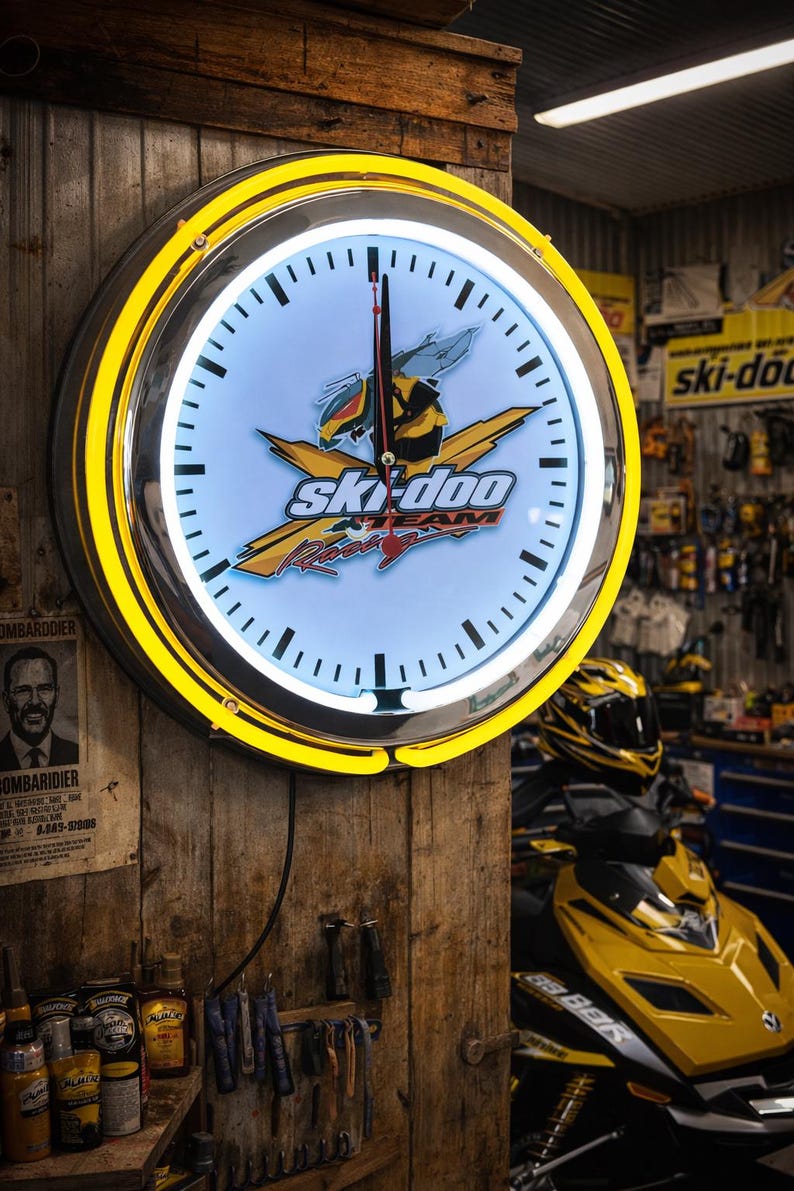 Ski-doo, snowmobile, Garage , 16" Double Neon wall clock, games room, bar, dinner, patio, gift, real glass neon wall clocks image 1