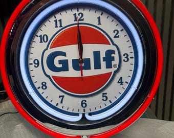 Gulf oil, Neon Wall Clock 16” with Double Neon, Oil, Garage, Decor, Man Cave, Games Room Bar, Diner, Patio, Classic, Gift