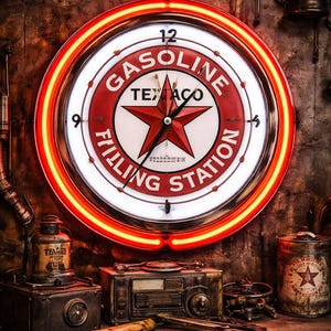 Texaco Gas Station Neon Wall Clock 16” with Double Neon, Oil, Garage, Decor, Man Cave, Games Room Bar, Diner, Patio, Classic, Gift
