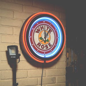 White Rose oil and gas, vintage style, Garage , 16&quot; Double Neon clock, games room, bar, dinner, patio, gift, real glass neon