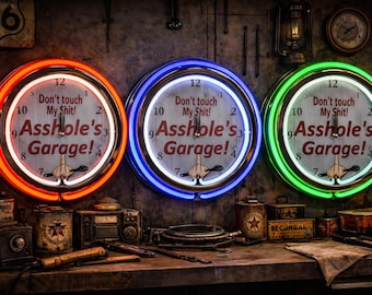 Assholes Garage, Neon Wall Clock 16” with Double Neon, Oil, Garage, Decor, Man Cave, Games Room Bar, Diner, Patio, Classic, Gift