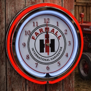 IH, Farmall, International Harvester. Neon Wall Clock 16” with Double Neon, Oil, Garage, Decor, Man Cave, Games Room Bar, Diner, Patio,