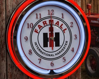 IH, Farmall, International Harvester. Neon Wall Clock 16” with Double Neon, Oil, Garage, Decor, Man Cave, Games Room Bar, Diner, Patio,