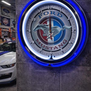 Ford Mustang,  Garage, Neon Wall Clock 16” with Double Neon, Oil, Garage, Decor, Man Cave, Games Room Bar, Diner, Patio, Classic, Gift