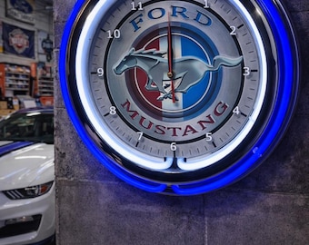 Ford Mustang,  Garage, Neon Wall Clock 16” with Double Neon, Oil, Garage, Decor, Man Cave, Games Room Bar, Diner, Patio, Classic, Gift