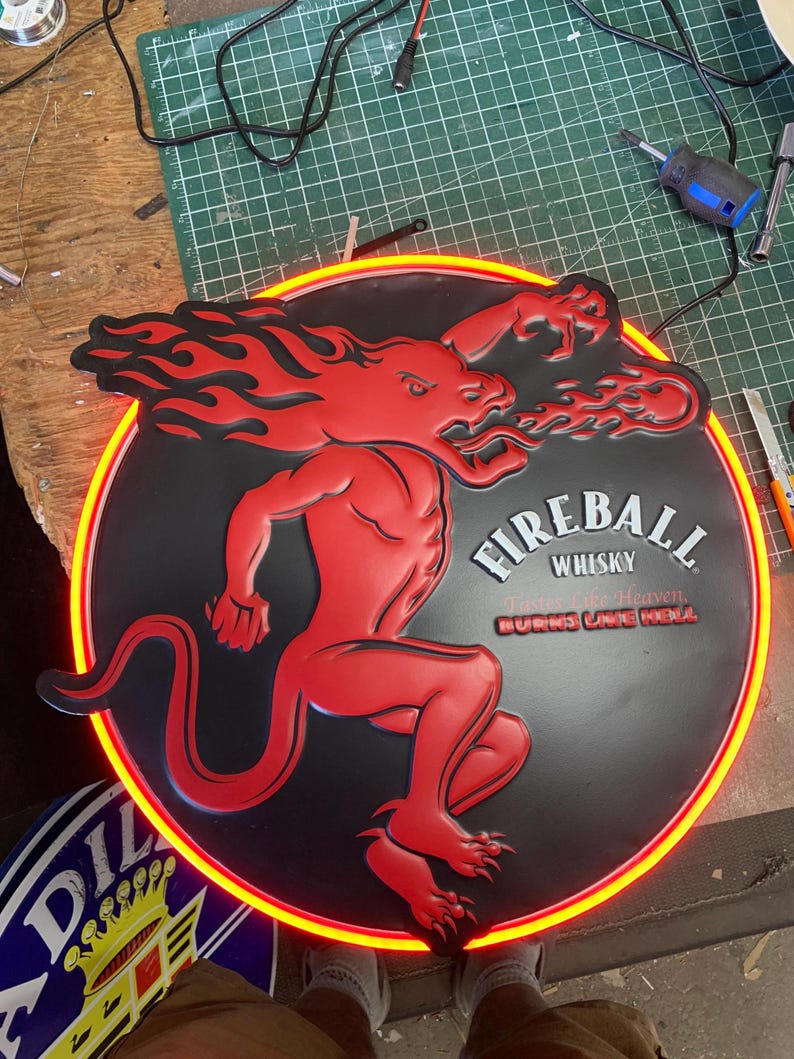 Fireball whisky, Metal sign, Comes with a Neon sign frame U pick the Color, Garage, Games Room, Man Cave, Gift, Bar, image 4