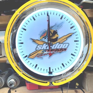 Ski-doo, snowmobile, Garage , 16" Double Neon wall clock, games room, bar, dinner, patio, gift, real glass neon wall clocks image 3