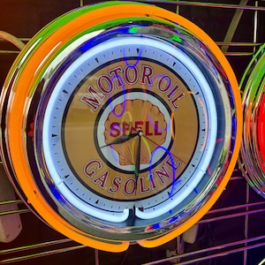 Shell oil, Garage, vintage style, Garage , 16&quot; Double Neon clock, games room, bar, dinner, patio, gift, real glass neon