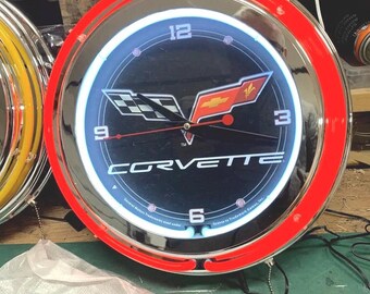 Corvette C6, Garage, vintage style, Garage , 16&quot; Double Neon clock, games room, bar, dinner, patio, gift,  real glass neon