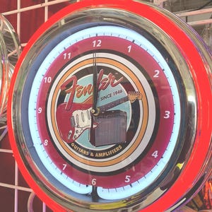 Fender Guitar Neon Clock – 16” Double Neon Man Cave Wall Decor image 8