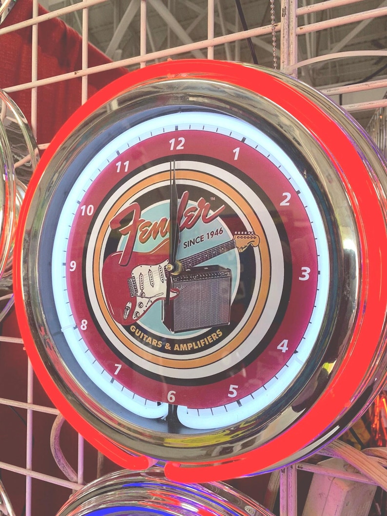 Fender Guitar Neon Clock – 16” Double Neon Man Cave Wall Decor image 8
