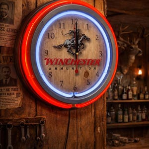 Winchester Neon Wall Clock 16” with Double Neon, Oil, Garage, Decor, Man Cave, Games Room Bar, Diner, Patio, Classic, Gift