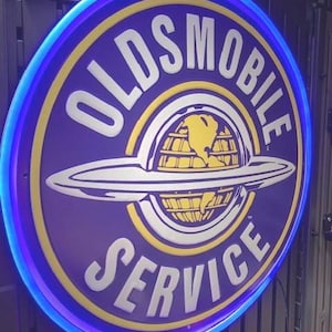 Oldsmobile Service, Chevy, Huge Metal sign, Comes with a Neon sign frame U pick the Color, Garage, Games Room, Man Cave, Gift, American Made