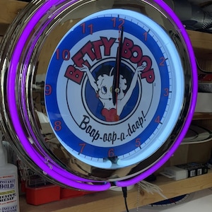 Betty Boop, Garage,vintage style, Garage , 16&quot; Double Neon clock, games room, bar, dinner, patio, gift,  real glass neon
