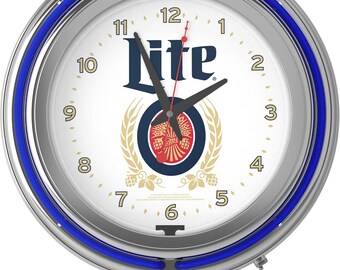 Miller Lite Beer, Neon Wall Clock 16” With Double Neon, Oil