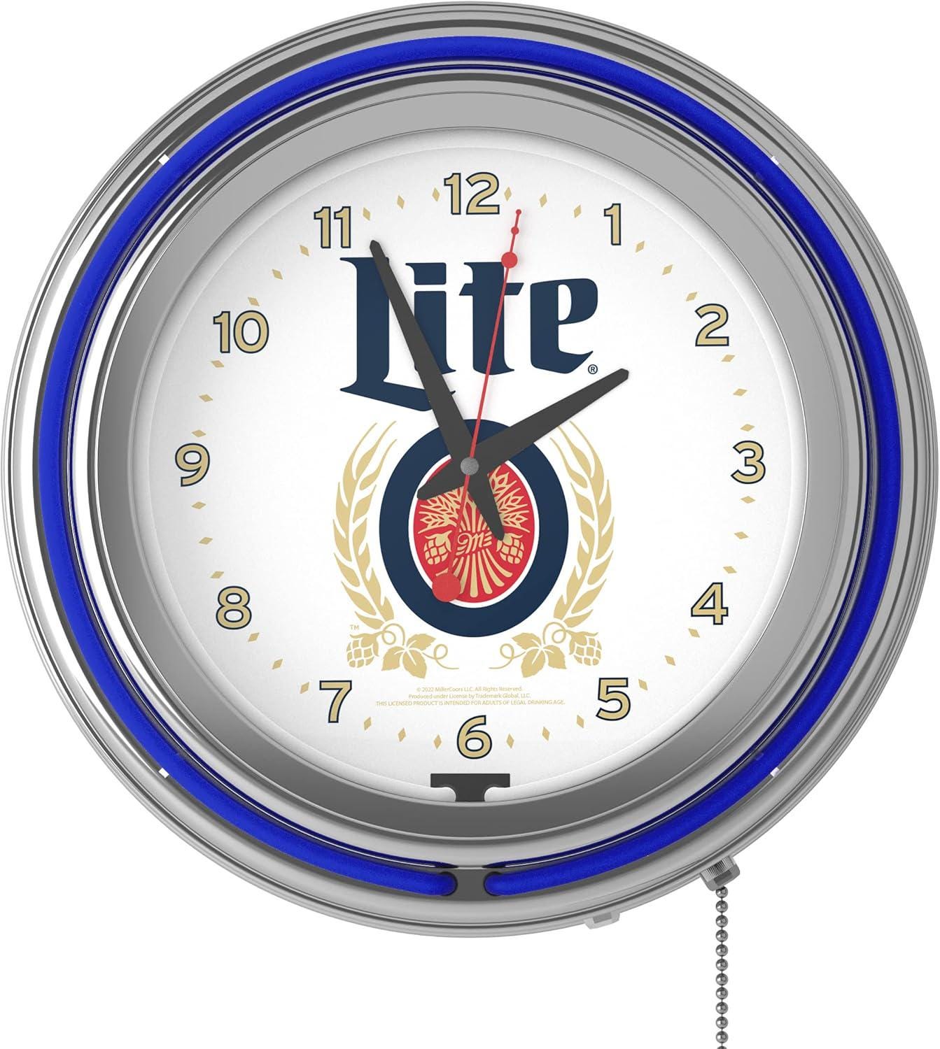 Miller Lite Beer, Neon Wall Clock 16” With Double Neon, Oil
