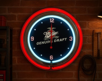 MGD Miller Beer, Neon Wall Clock 16” with Double Neon, Oil, Garage, Decor, Man Cave, Games Room Bar, Diner, Patio, Classic, Gift