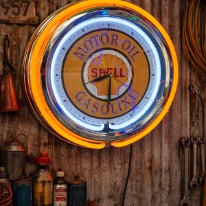 Shell oil, Garage, Neon Wall Clock 16” with Double Neon, Oil, Garage, Decor, Man Cave, Games Room Bar, Diner, Patio, Classic, Gift
