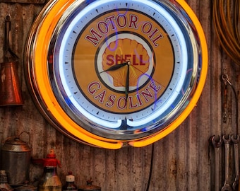 Reloj de pared de neón de 16" con doble neón, aceite, garaje, decoración, cueva del hombre, sala de juegos, bar, comedor, patio, clásico, regalo.
