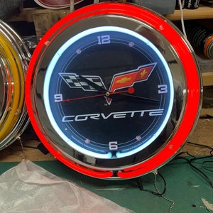 Corvette C6, garage, style vintage, garage, horloge double néon 16 pouces, salle de jeux, bar, dîner, terrasse, cadeau, néon en verre véritable