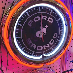 Bronco, Ford Bronco vintage style, Garage , 16&quot; Double Neon clock, games room, bar, dinner, patio, gift,  real glass neon