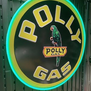 Polly Gas , Huge Metal sign, Comes with a Neon sign frame U pick the Color, Garage, Games Room, Man Cave, Gift, Bar, American Made