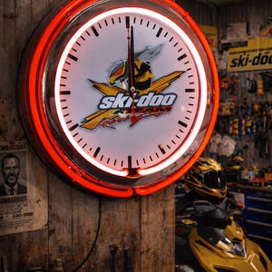Ski-doo, snowmobile, Garage , 16" Double Neon wall clock, games room, bar, dinner, patio, gift, real glass neon wall clocks image 2