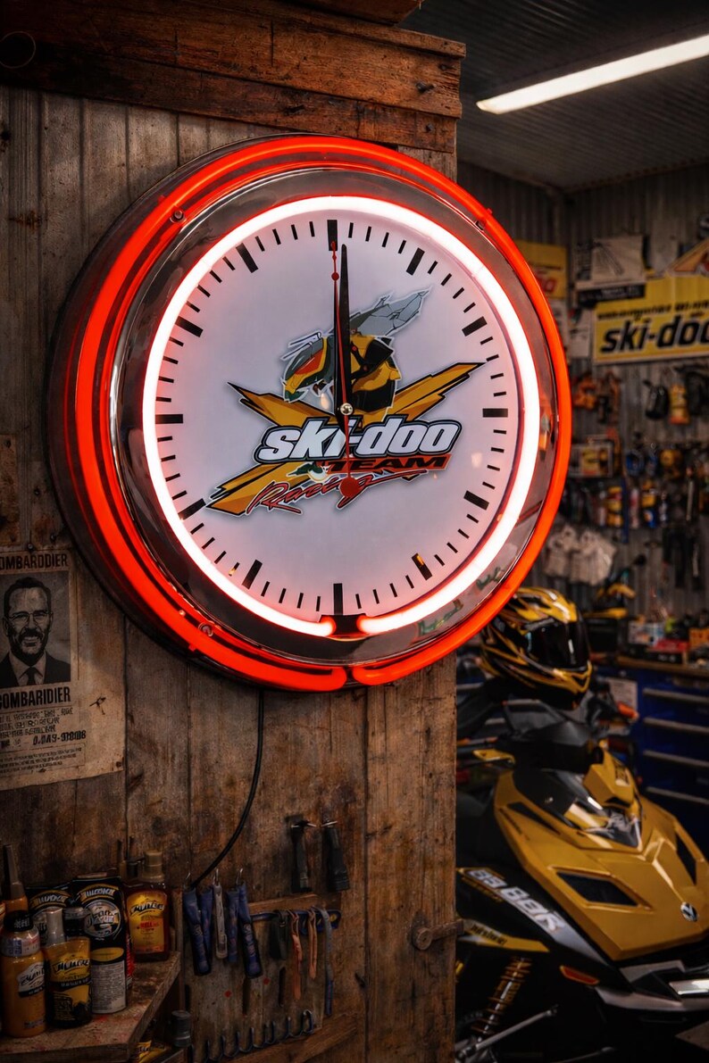 Ski-doo, snowmobile, Garage , 16" Double Neon wall clock, games room, bar, dinner, patio, gift, real glass neon wall clocks image 2