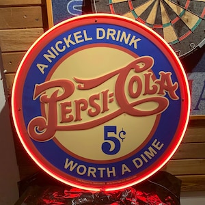 Pepsi Cola Vintage, Huge Metal sign, Comes with a Neon sign frame U pick the Color, Garage, Games Room, Man Cave, Gift, Bar, American Made