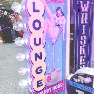 Lounge, Happy Hour Metall dubbelsidig Marquee LED-väggskylt, Garage, Uteplats, Bar, Spelrum, Man Cave, She Shack, Present, Neonskylt, Rum